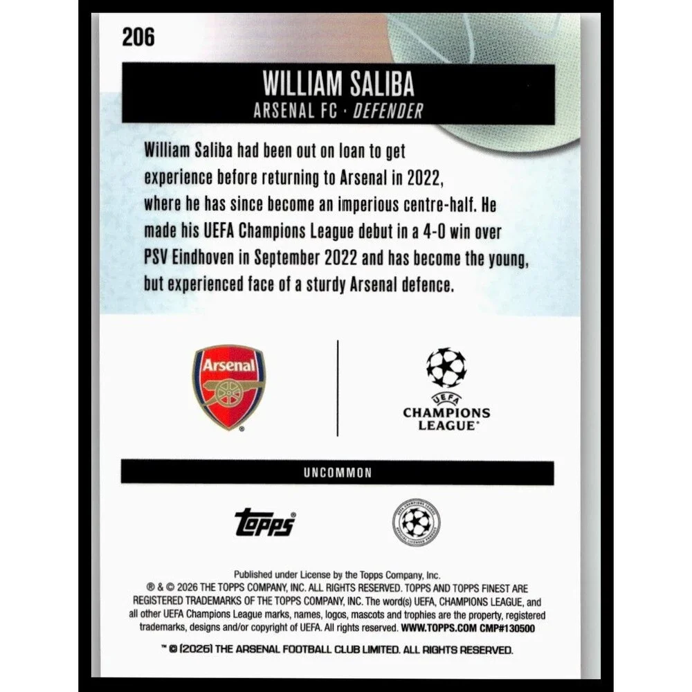 2025-26 Finest UEFA William Saliba #206 Arsenal FC Uncommon